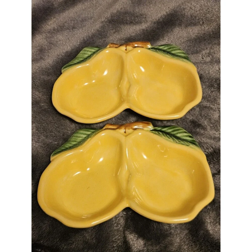Vtg 1940's USA (4) Belmar 320 California Pottery Yellow Pear & Leaf Snack Dishes
